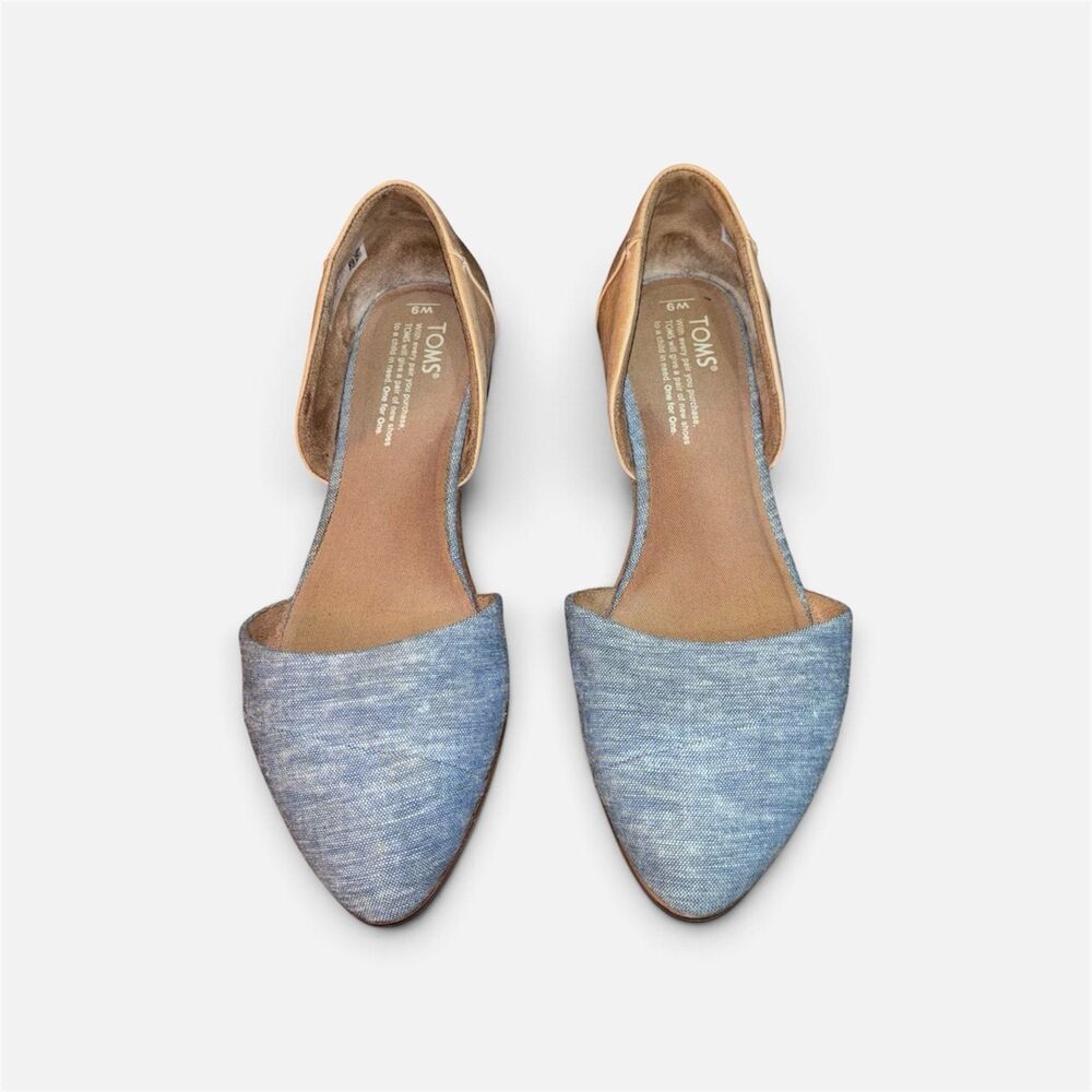 TOMS D’orsay Flats Blue Linen and Tan Leather